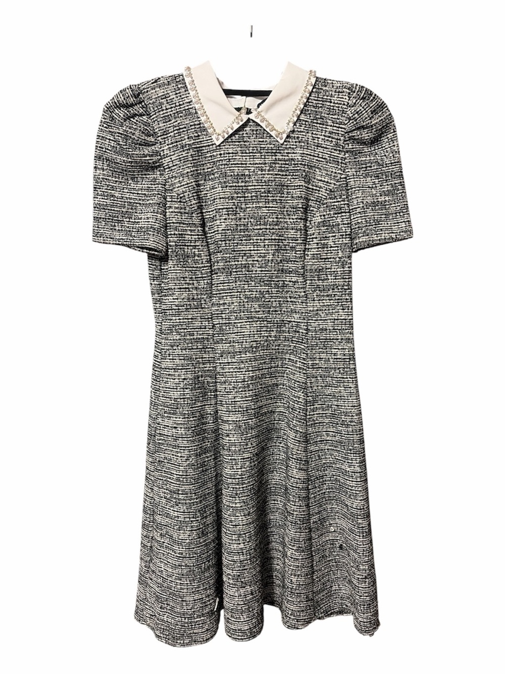 Karl Lagerfeld Paris Collared Tweed A-Line Dress Embellished Pearls Rhinestones - Picture 6 of 15